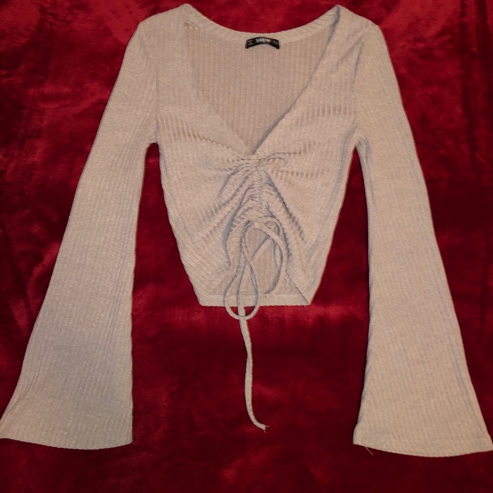 Bell Sleeve Drawstring Ribbed Crop Top - Picture 2 of 4
